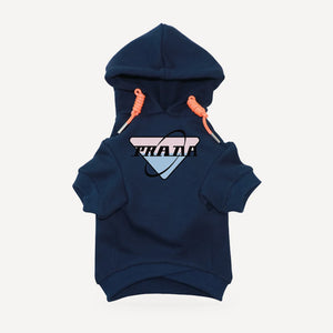 Orbit Logo dog hoodie inspired by Prada, navy blue, front view