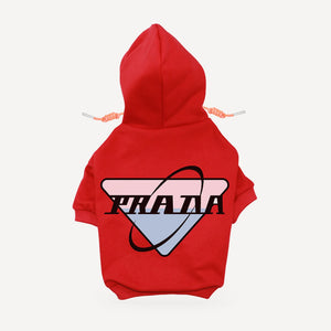 Orbit Logo dog hoodie inspired by Prada, red, back view