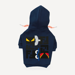 Monster Eyes dog hoodie inspired by Fendi, navy blue, back view