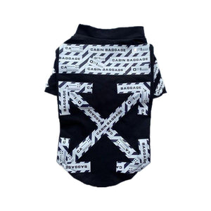 Black dog tee with white cabin baggage tape graphic pattern inspired by Off-White