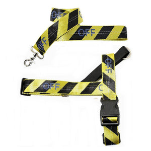 Yellow and black diagonal striped dog harness and leash set industrial warning tape pattern