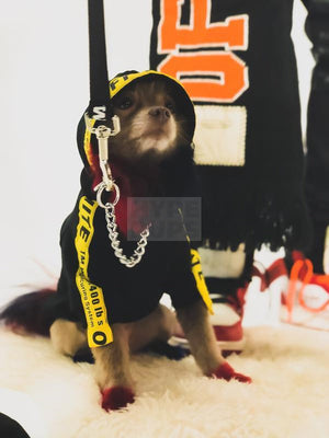Black dog in Off-White inspired hoodie with yellow industrial branding and chain
