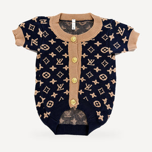 Chewy V Monogram Cardigan for dogs — navy and tan, front