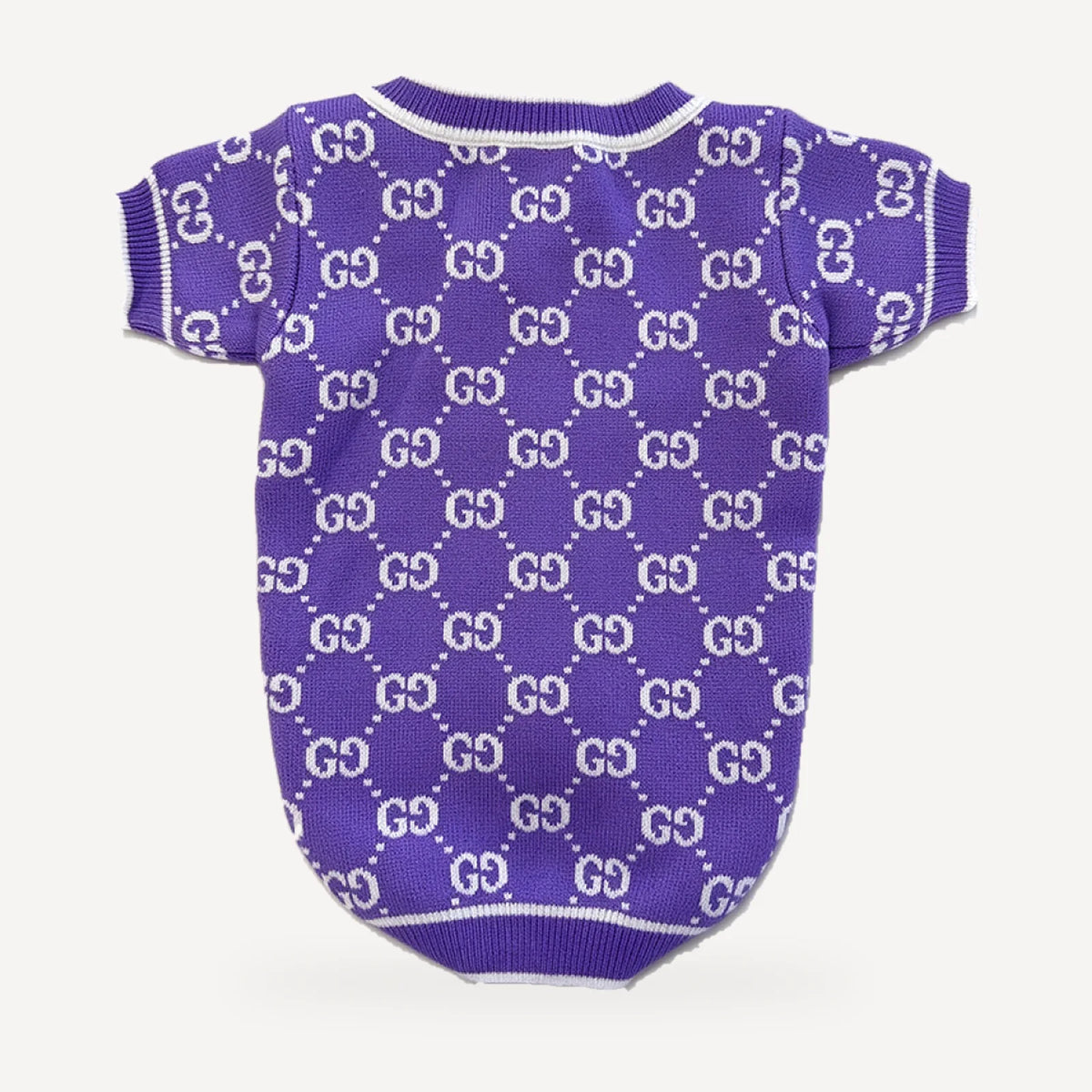 Lavender Monogram dog cardigan inspired by Gucci, purple, back view