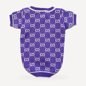 Lavender Monogram dog cardigan inspired by Gucci, purple, back view