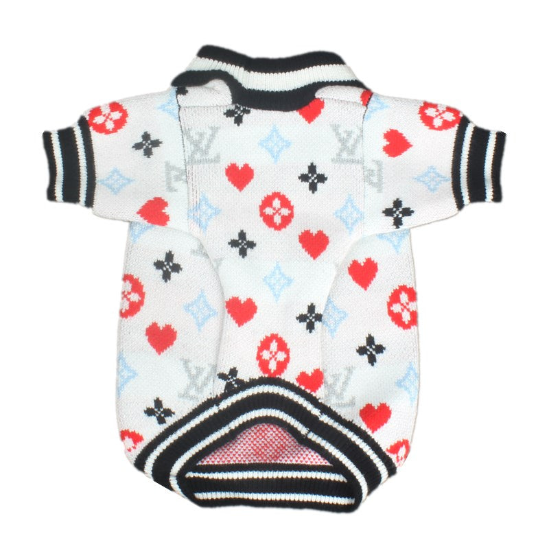 White knit dog sweater V monogram hearts Louis Vuitton inspired with ribbed trim