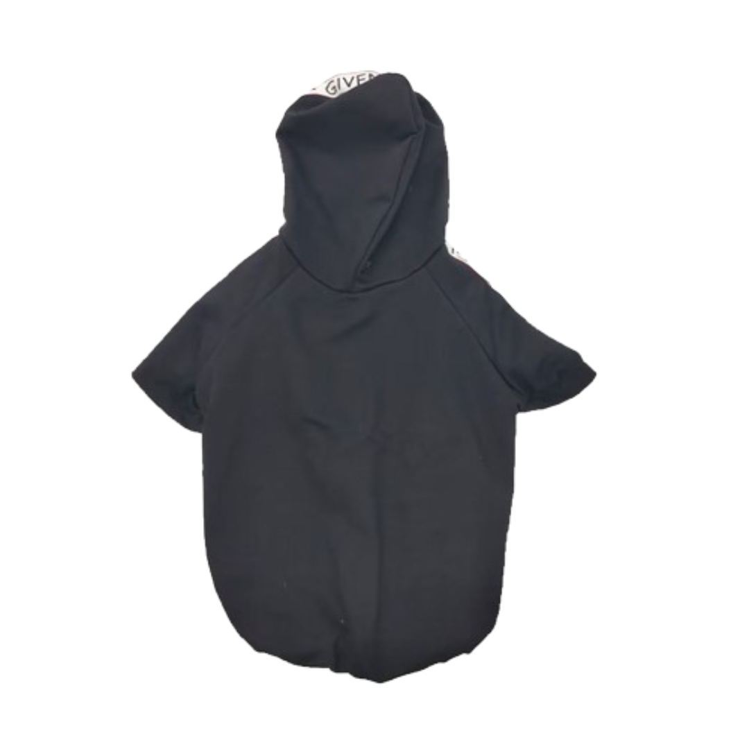 Black Givenchy inspired dog hoodie back view showing logo placement