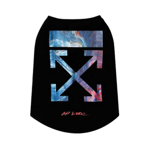 Black dog tee with tropical galaxy Off-White inspired arrow graphics and coral text