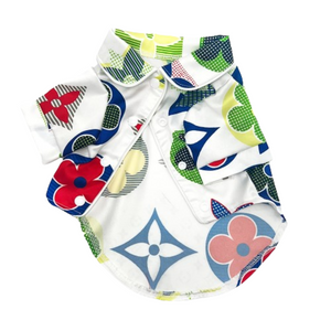 Designer dog button-up shirt with geometric V pattern in red blue yellow green on white background