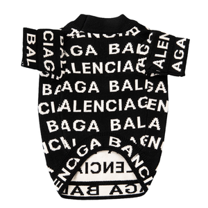 Back view of black dog sweater with repeating Balenciaga logo pattern