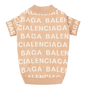 Cream knit dog sweater with all-over black Balenciaga logo text