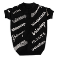 Black knit dog sweater with white Pawlenciaga typography pattern inspired by Balenciaga