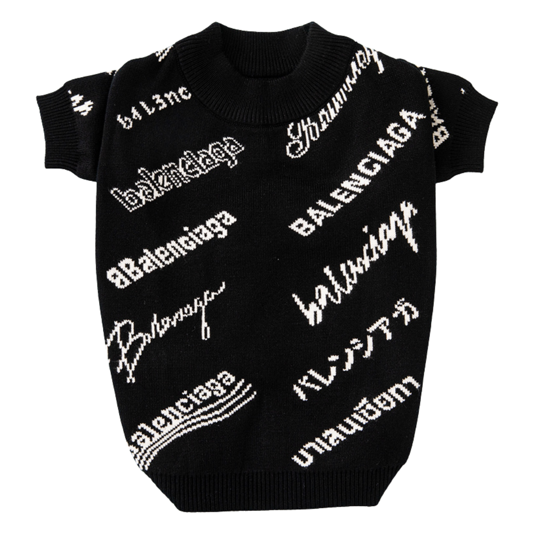 Black knit dog sweater with white Pawlenciaga typography pattern inspired by Balenciaga