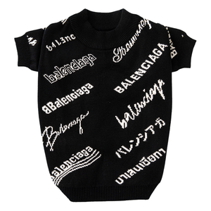 Black knit dog sweater with white Pawlenciaga typography pattern inspired by Balenciaga