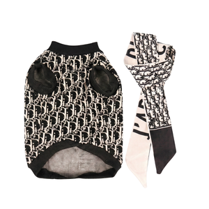 Black knit dog sweater with Dior-inspired oblique monogram pattern and turtleneck collar