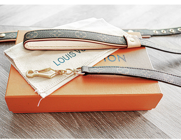 Designer dog leash with monogram canvas pattern and leather grip Louis Vuitton inspired