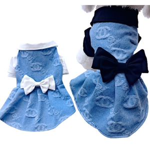 Chanel inspired blue denim dog dress with CC pattern and contrast collar detail