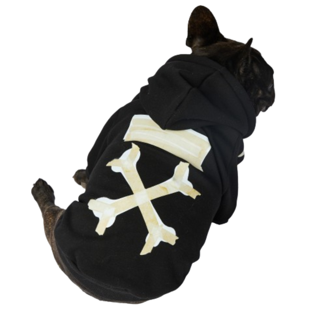 Back view black dog hoodie showing large cream crossbones design and logo panel Off-White style