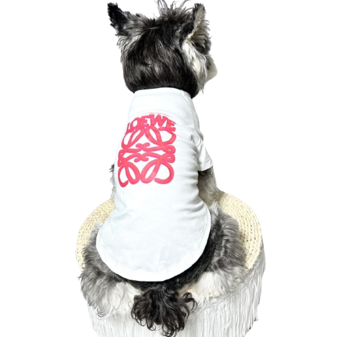 Small dog wearing white tee with pink Woof-White logo script on back