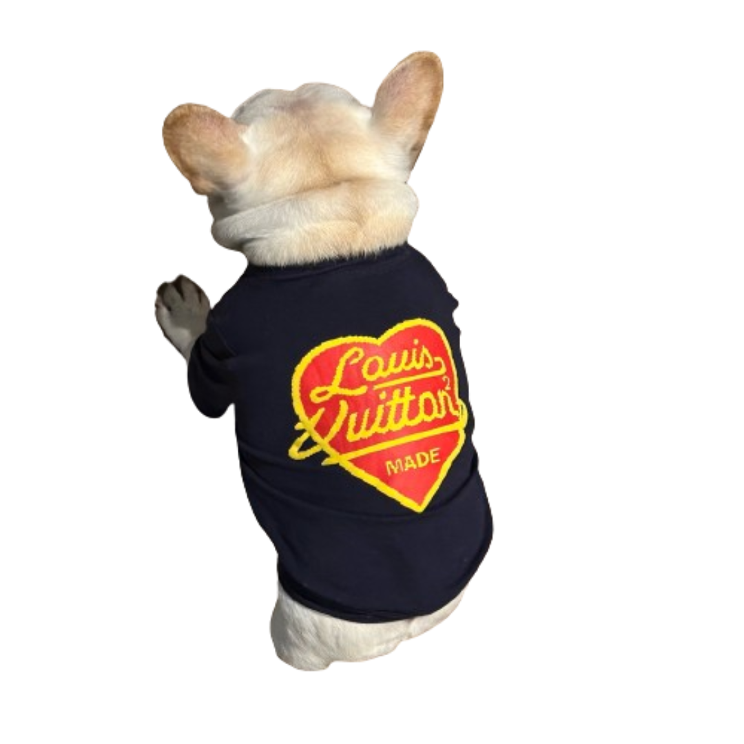 Back view of navy dog tee with heart logo showing casual relaxed cut