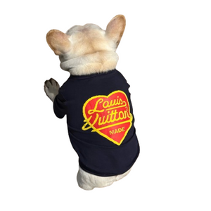Back view of navy dog tee with heart logo showing casual relaxed cut