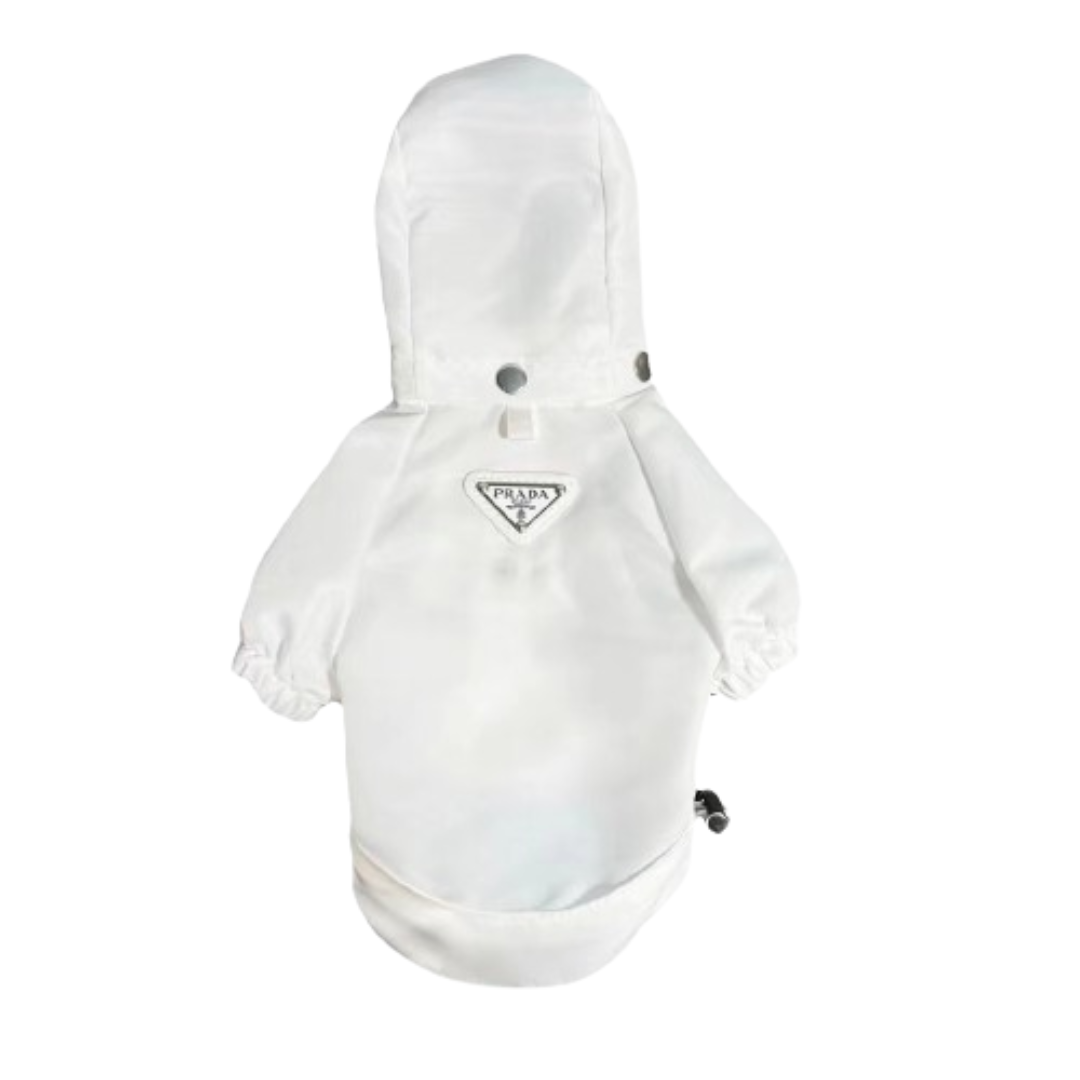 White hooded dog windbreaker Prada style with triangle logo and adjustable hood