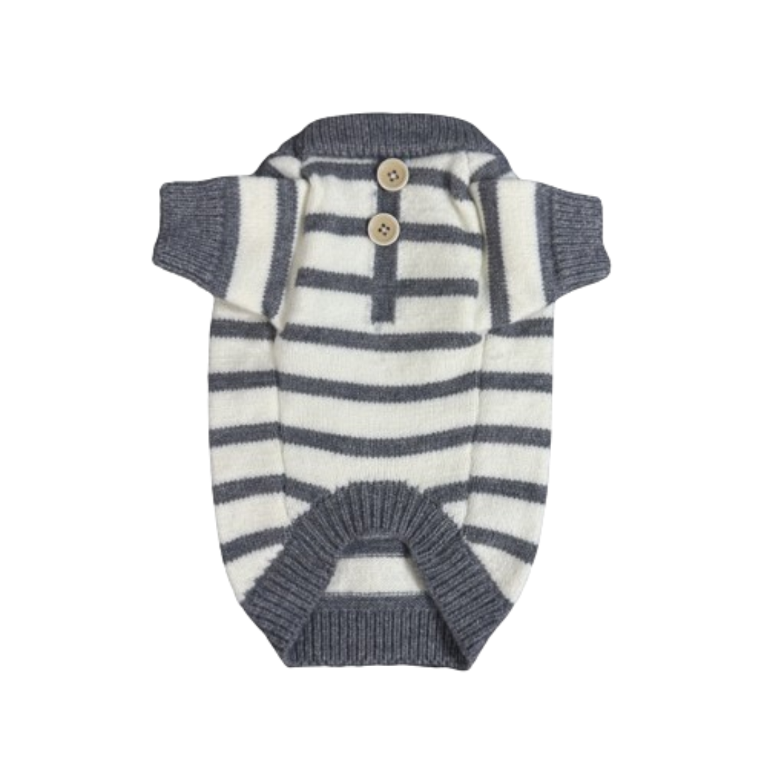 Gray and cream striped dog sweater Ralph Lauren style with button placket detail