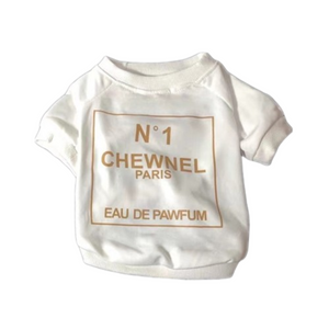 White Chewnel dog tee with gold perfume bottle print N°1 CHEWNEL PARIS EAU DE PAWFUM design