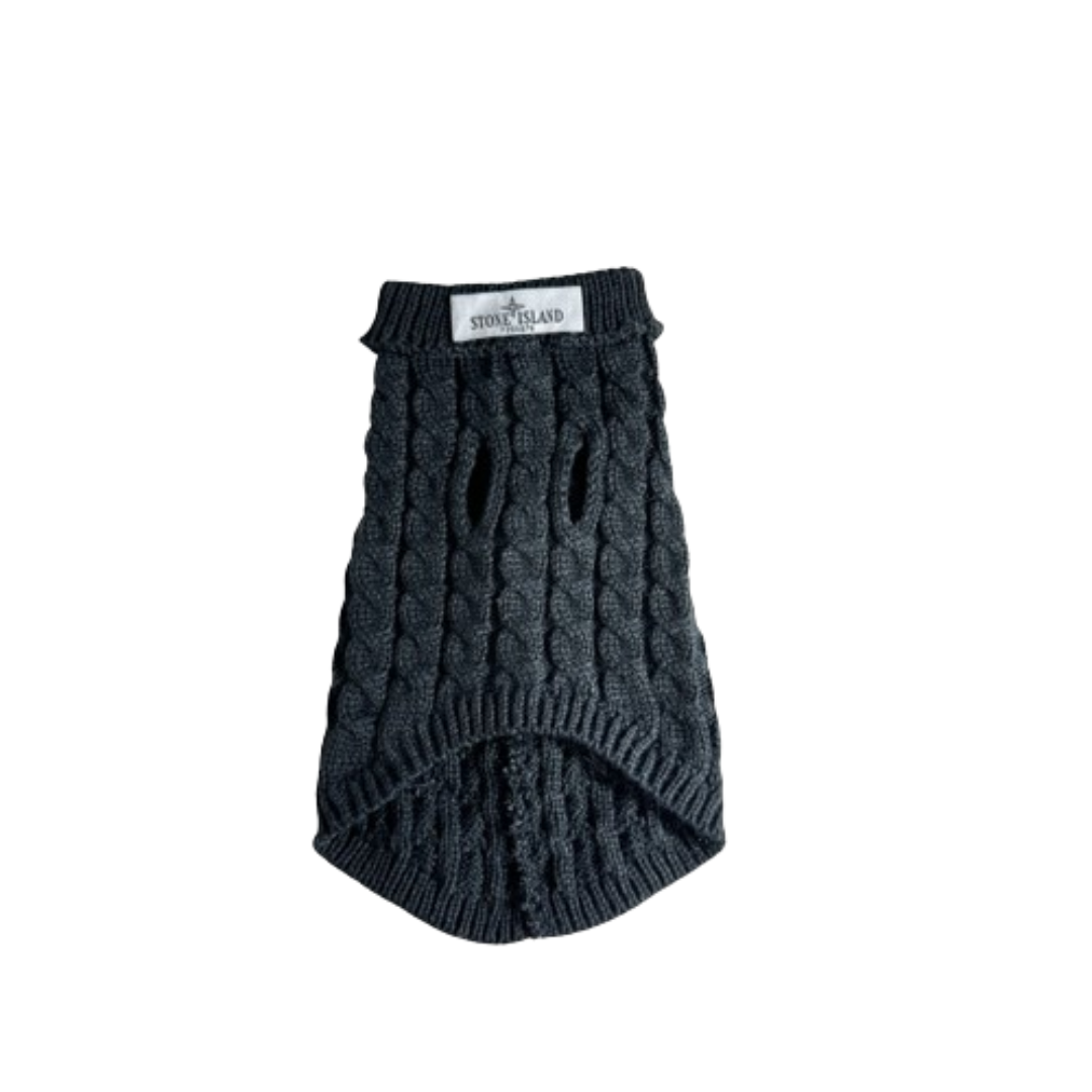 Navy cable knit dog sweater Stone Island style showing ribbed hem and compass patch