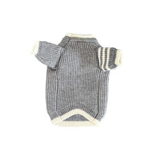 Gray ribbed knit dog sweater back view showing stripe sleeve detail and ribbed construction