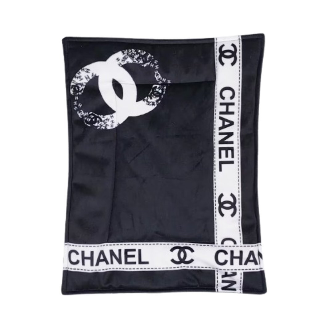 Leopard print Chanel inspired dog blanket with logo center panel