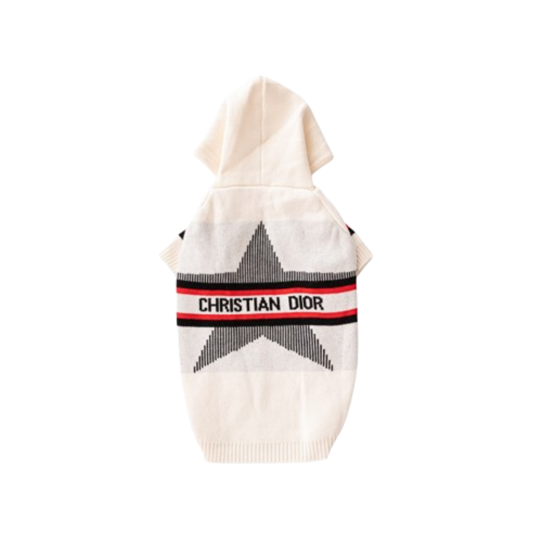 Beige knit dog hoodie with star design and Christian Dior band detail Dior inspired