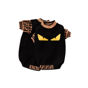 Black knit dog sweater with yellow eyes graphic and camel ribbed collar Fendi style