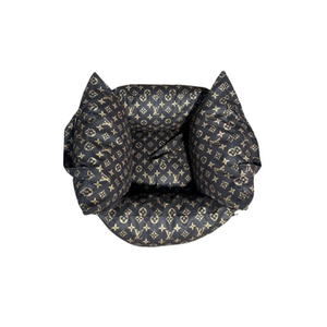 Complete luxury dog bed set with carrier, mat, toys and bandana in monogram print