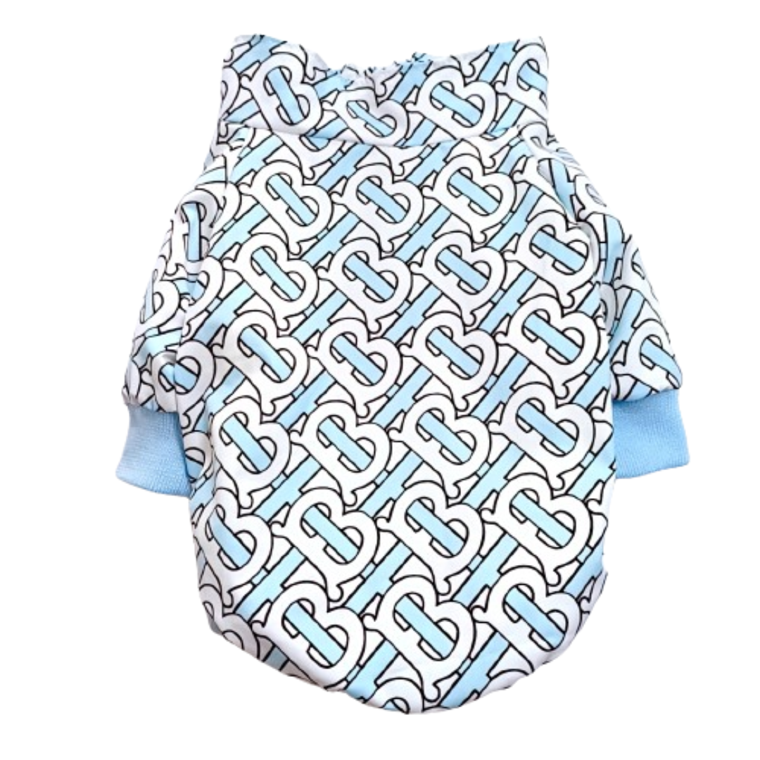 Blue TB monogram dog jacket Burberry style with light blue ribbed cuffs and collar