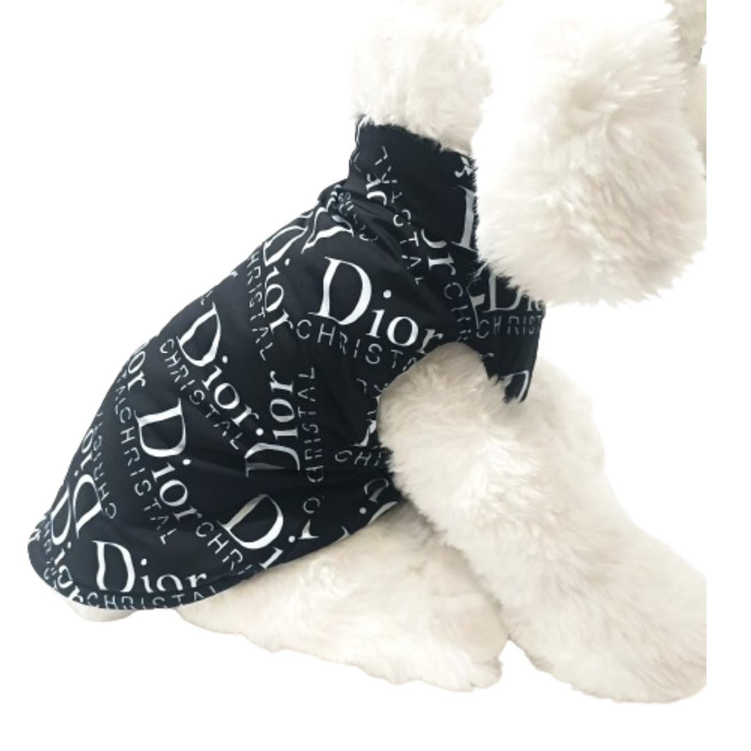 Side view of black Dior inspired dog vest with white oblique lettering pattern