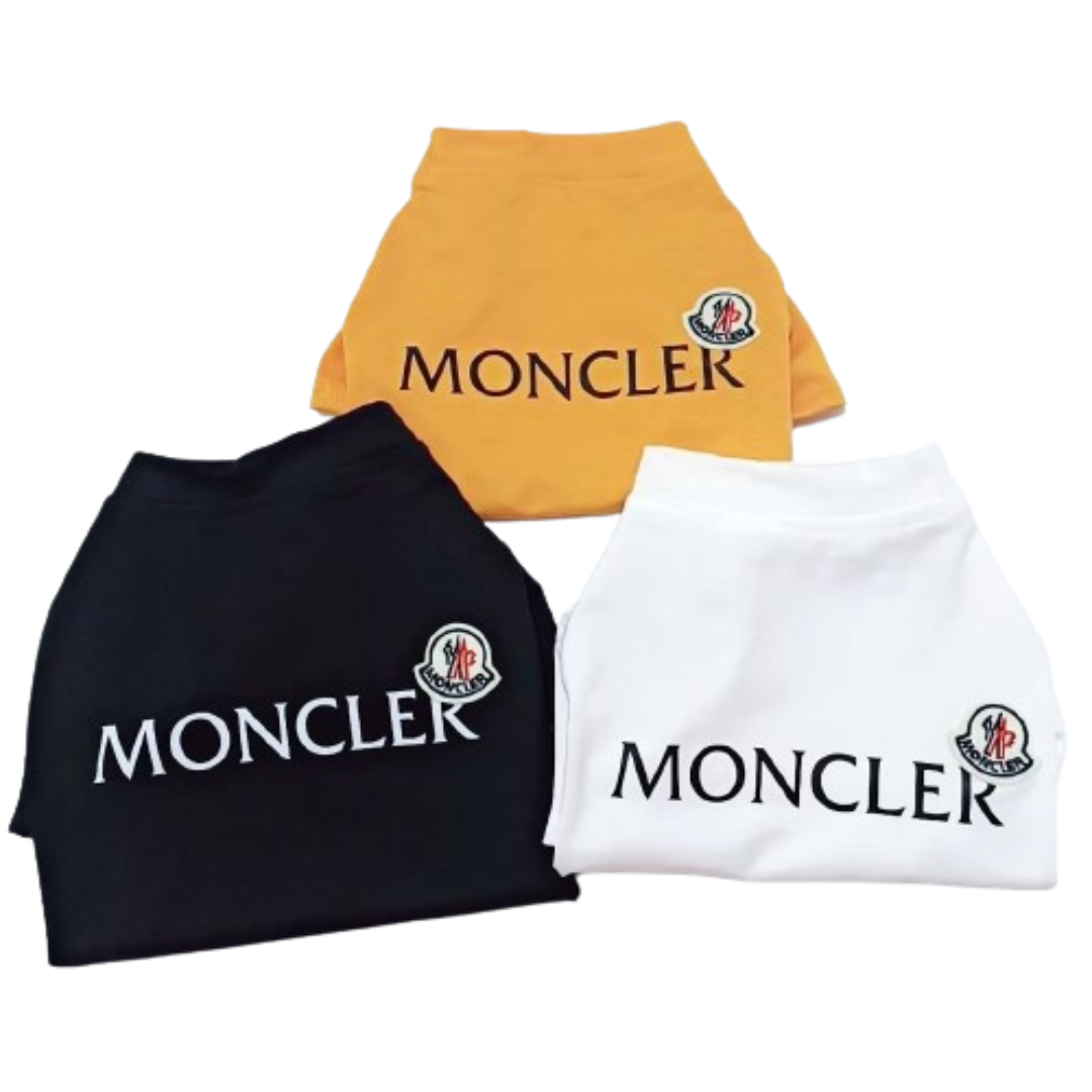 Three colorways of designer dog tee with MONCLER logo Moncler inspired