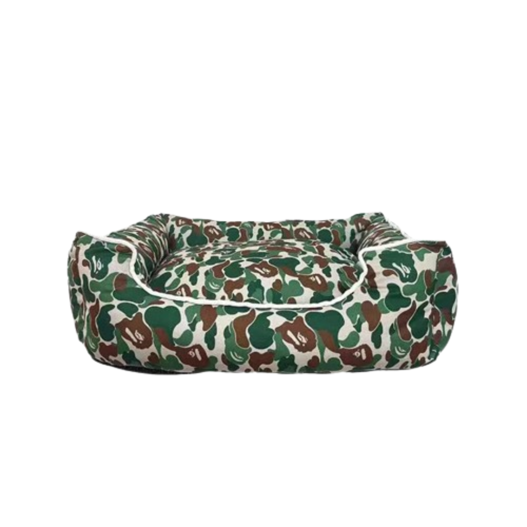 Green brown camo dog bed with bolster edges and streetwear inspired pattern