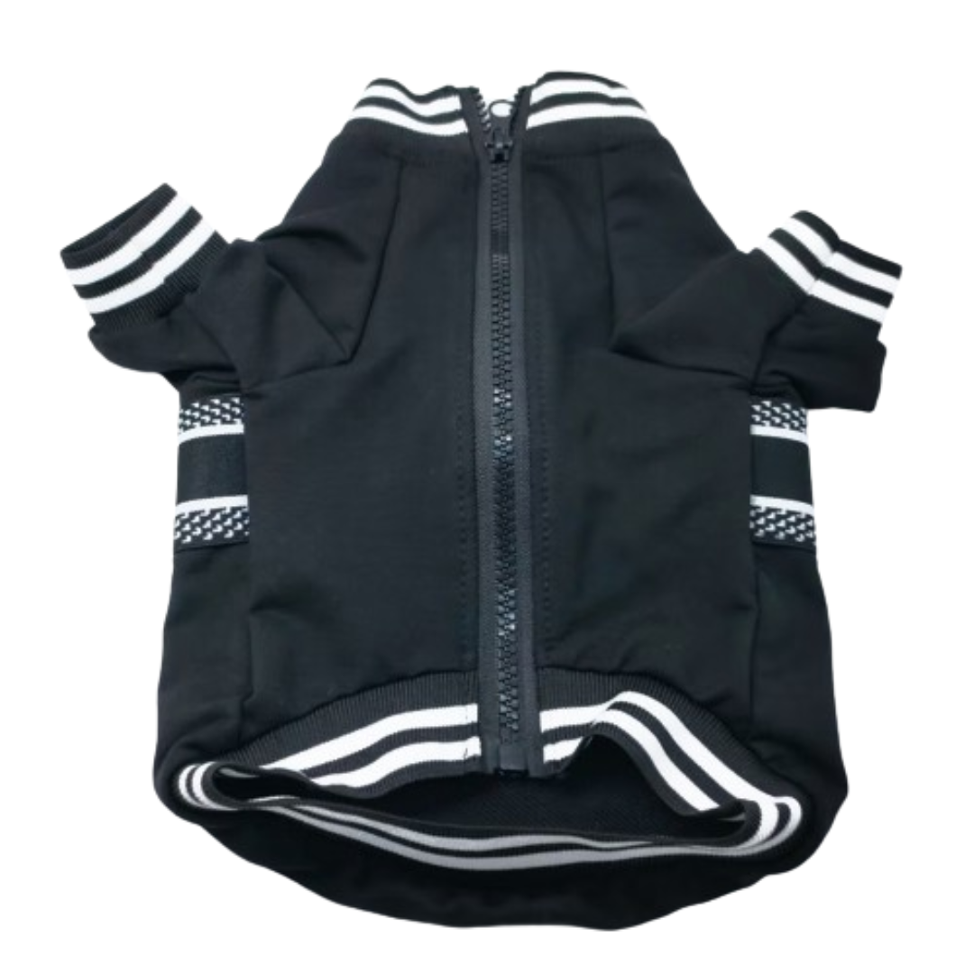 Dior style navy dog jacket with full zip closure and white stripe details