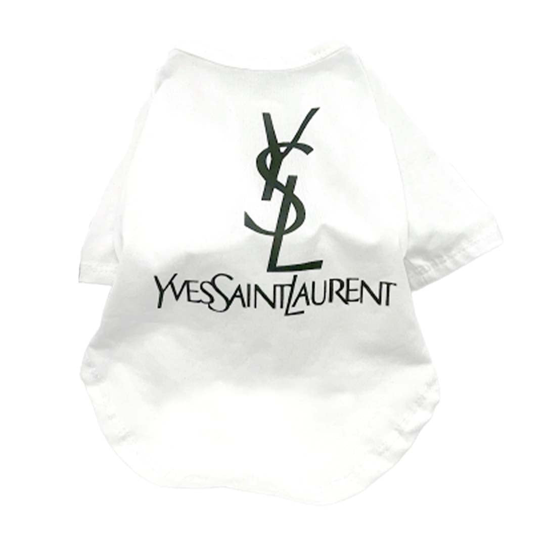 White dog tee with black YSL logo Yves Saint Laurent parody design