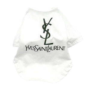 White dog tee with black YSL logo Yves Saint Laurent parody design