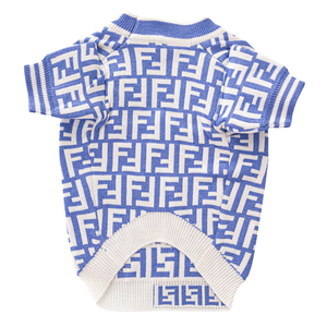 Back view of blue monogram dog sweater with ribbed crew neck and cuffs