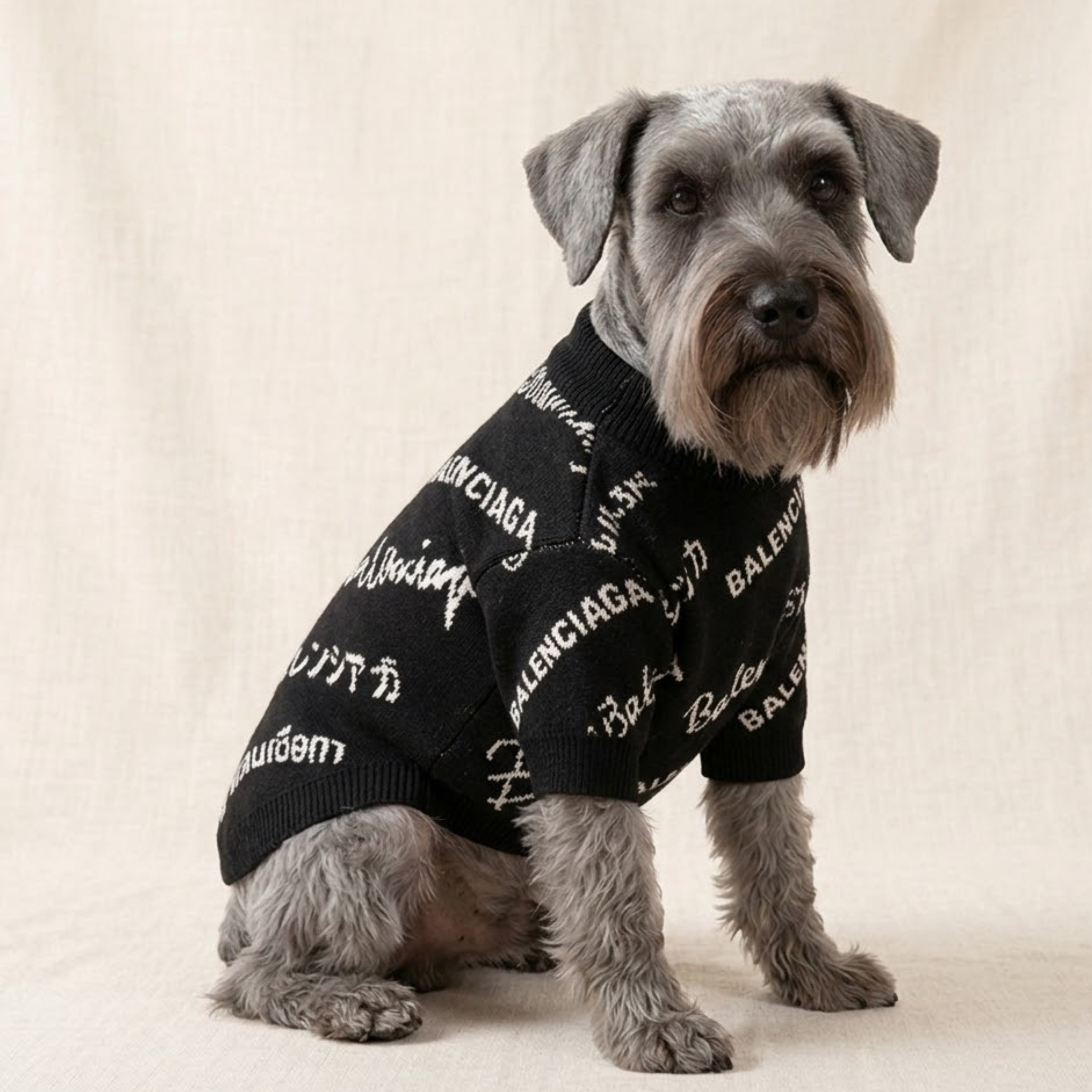 Small gray dog wearing black Pawlenciaga typography sweater with mixed fonts