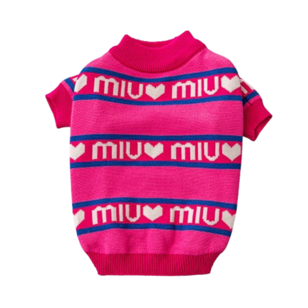 Pink knit dog sweater with heart motifs and logo stripes Miu Miu parody