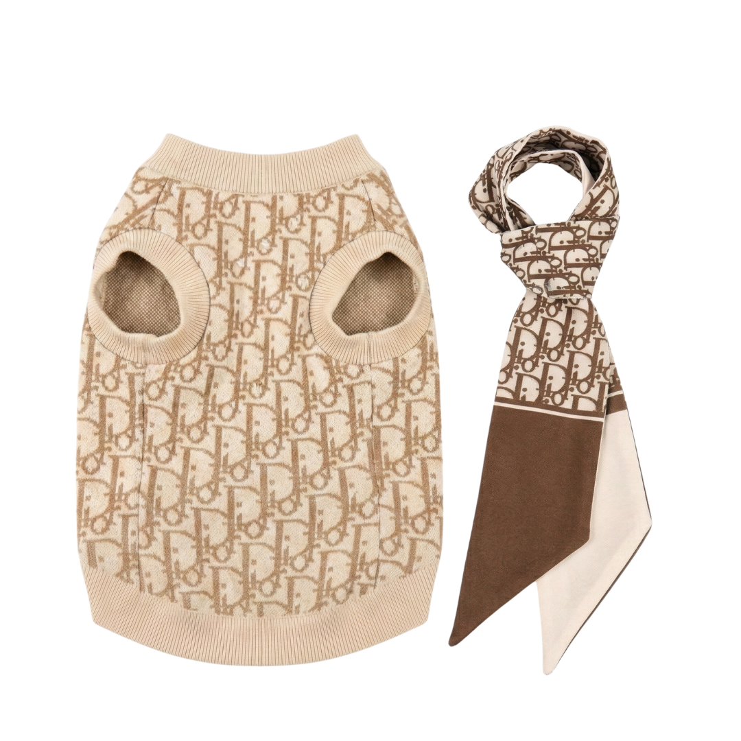 Cream knit dog sweater with Dior oblique print pattern and ribbed trim details