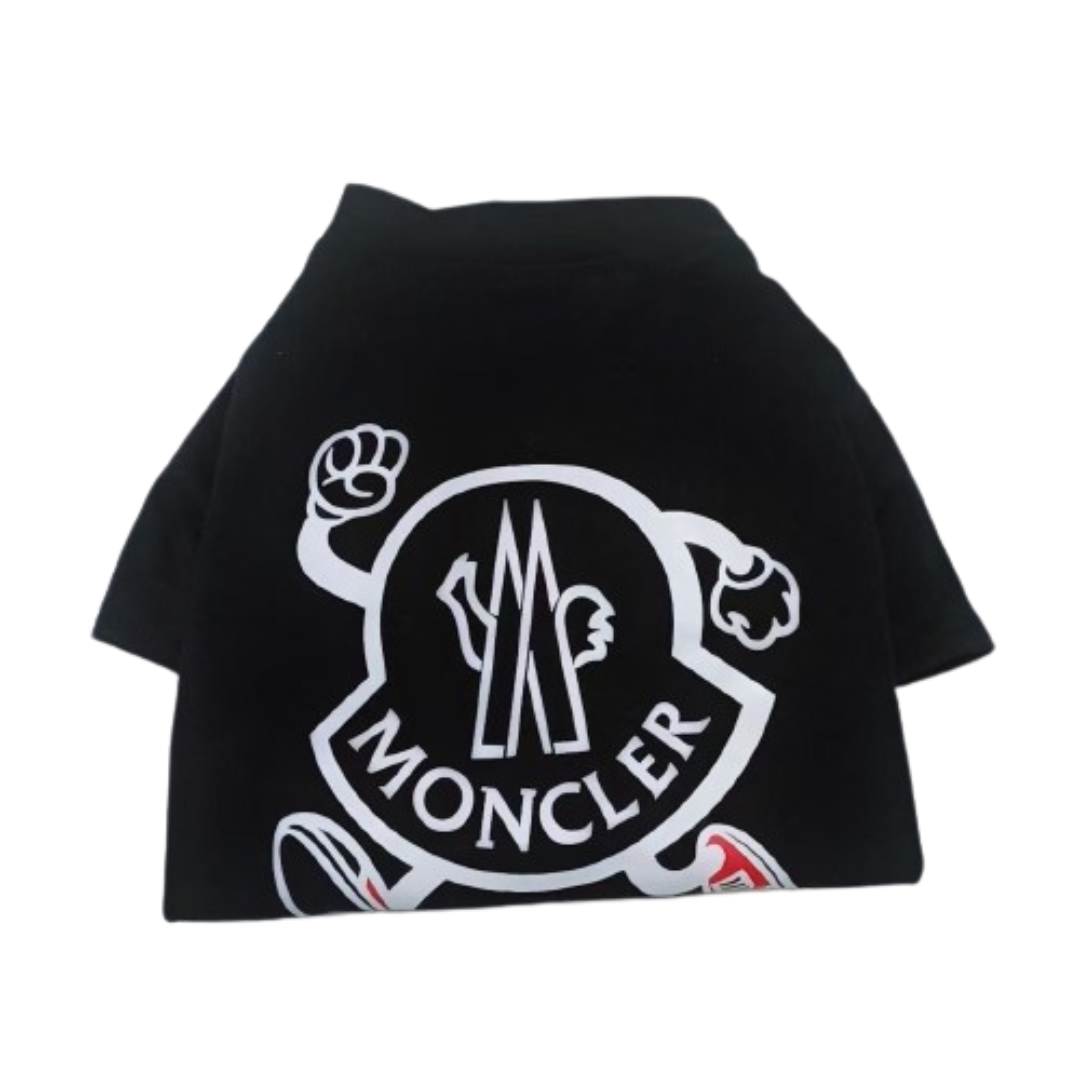 Black dog tee with Moncler style logo badge showing clean construction details