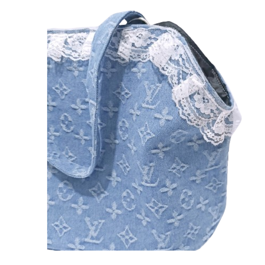 Blue denim monogram dog carrier Louis Vuitton style with white lace trim detail