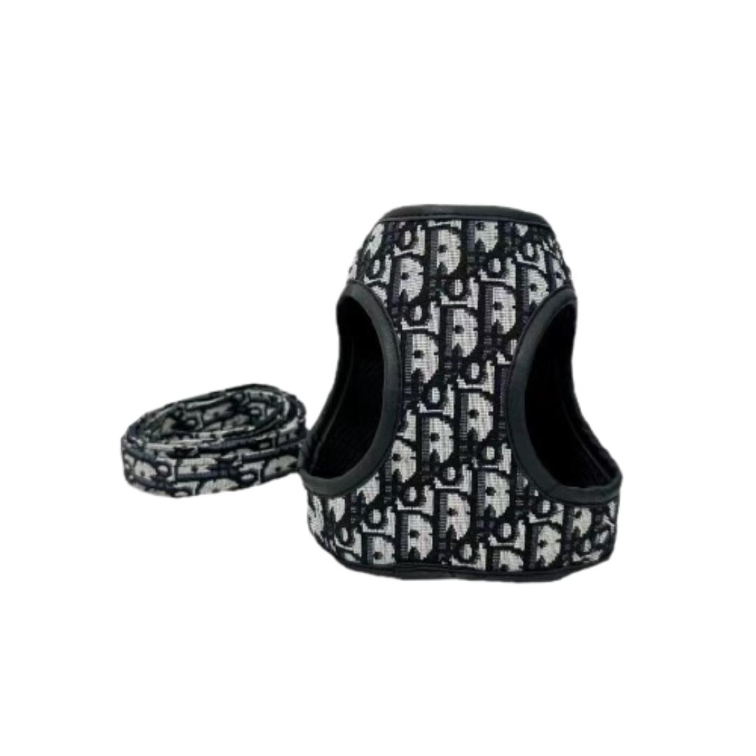 Black dog harness with Dogior oblique monogram print and matching leash Dior inspired