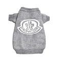 Gray knit dog sweater with white Bonecler logo patch inspired by Moncler on white background