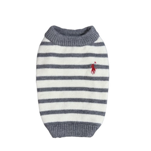 Preppy striped dog sweater gray and cream horizontal stripes polo styling
